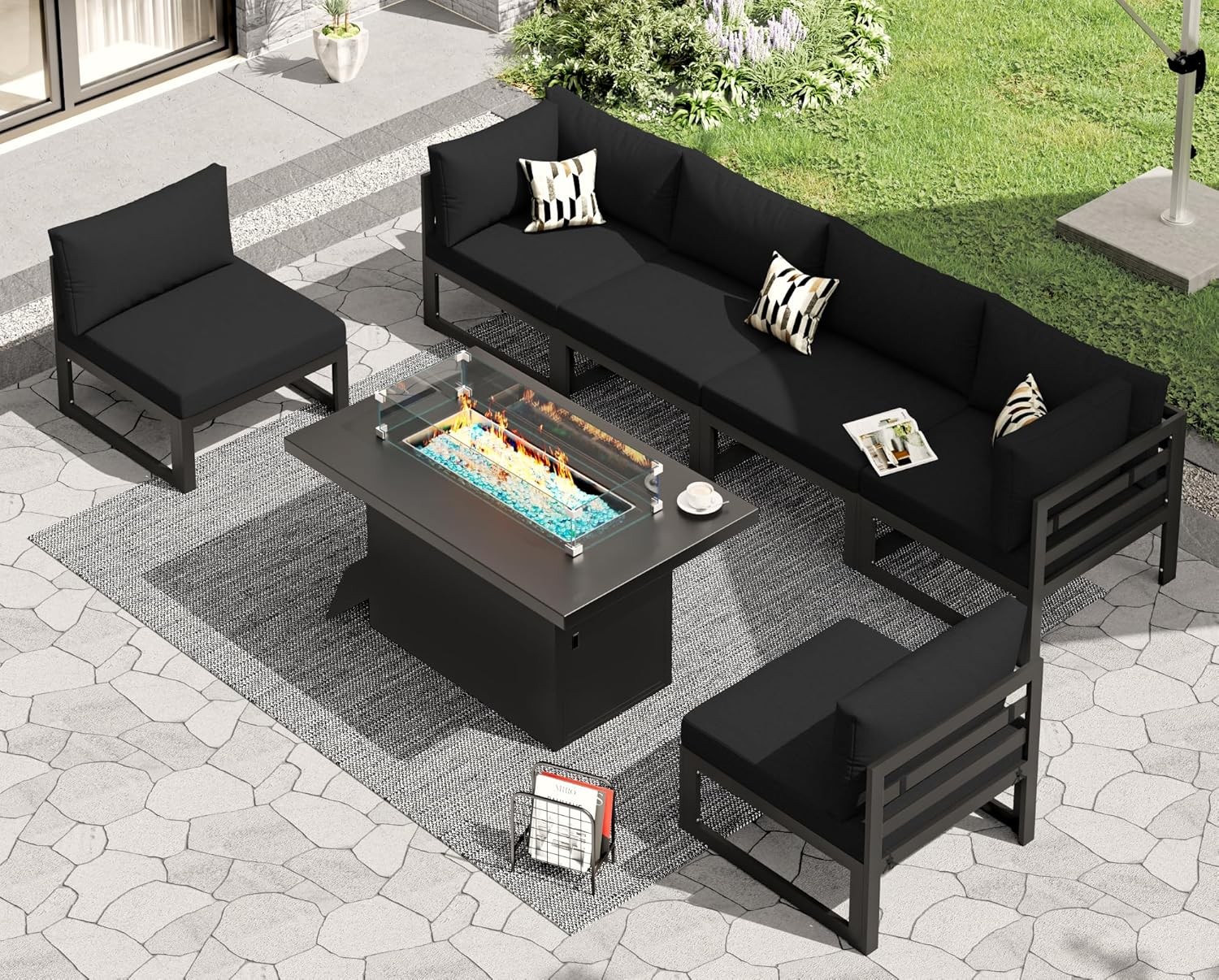 RADIATA 7 Piece Luxury Aluminum Outdoor Sectional Sofa with Fire Pit Table, Oversized L Shaped Patio Furniture Set, 29 inch Deep Wide Seating, 500 lbs Heavy Duty Comfy Conversation Set for Yard, White